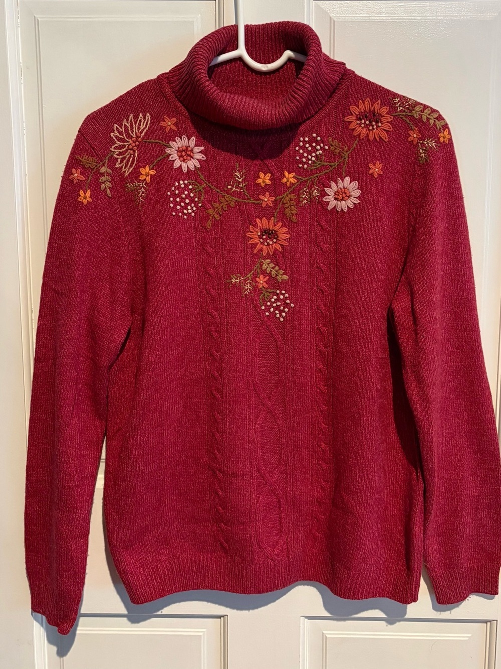 Alfred Dunner Embroidered Floral Cable Knit Turtleneck Sweater